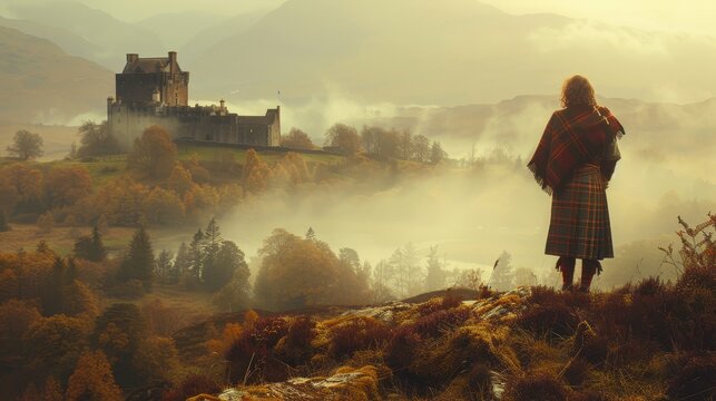 A lone figure in a kilt overlooking a misty Scottish landscape with a castle in the distance
