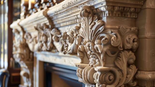 A grand stoneclad fireplace mantel featuring elaborate carvings and ornate details evoking a sense of elegance and opulence in the room.