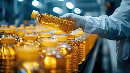 A person is holding a bottle of oil in a factory. The bottles are lined up on a shelf