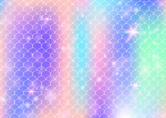 Rainbow scales background with kawaii mermaid princess pattern. Fish tail banner with magic sparkles and stars. Sea fantasy invitation for girlie party. Fluorescent backdrop with rainbow scales.
