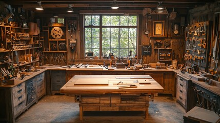 Rustic woodworking shop filled with tools and warm lighting