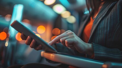 Woman Using Tablet in a City