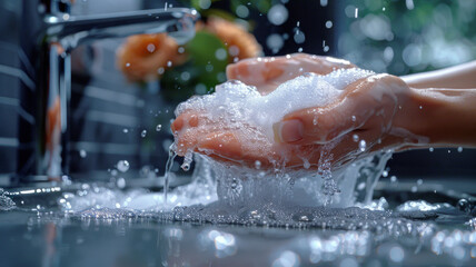 Fototapeta premium Hand Washing with Liquid Soap, A close-up of hands being lathered with liquid soap under a modern faucet, emphasizing cleanliness.generative ai