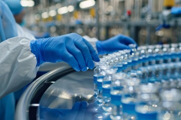 A closeup shows a medical workers hands skillfully handling vaccine vials on an assembly line, highlighting the precision and expertise needed for the critical vaccine packaging process