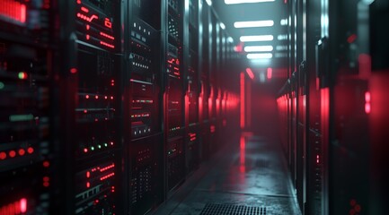 Discover a cuttingedge, futuristic data center, bathed in striking red lighting and featuring a sleek design