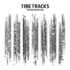 Grunge tire tracks, wheel braking marks. Truck, car or motorcycle tread pattern silhouettes. Auto race, motorsport, speed racing design element. Vector illustration