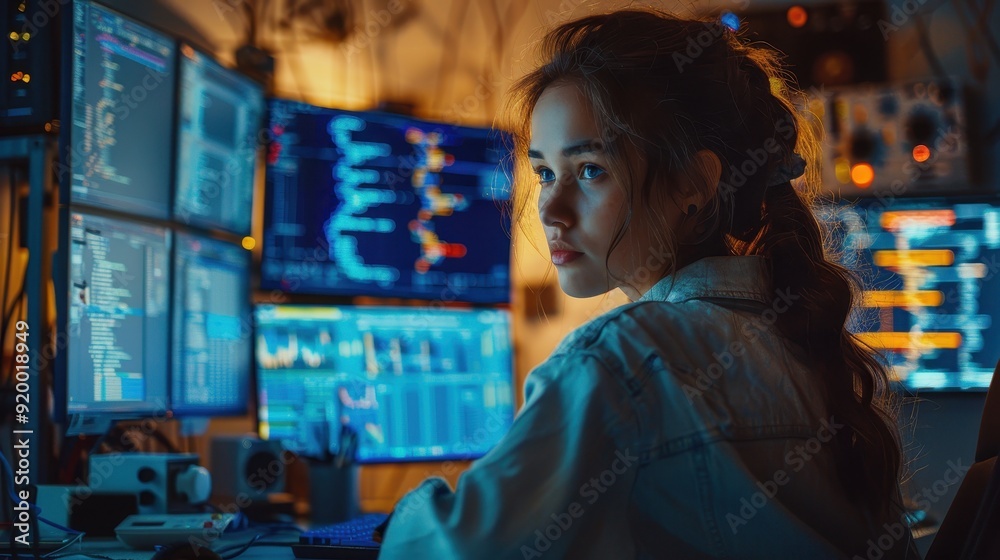 Poster Woman Working on Computer with Multiple Monitors