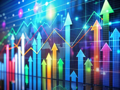 Colorful arrows and charts on a digital screen display upward trends, illustrating successful financial analysis and strategic investment decision-making with measurable key performance indicators.