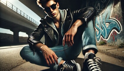 Urban Cool: A stylish young man in a leather jacket and jeans sits with a confident air under a bridge, bathed in the cool light of an urban setting