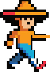Pixelated Wanderer: A retro gaming sprite of a young adventurer in a wide-brimmed hat embarks on a quest, marching forward in a pixelated world. 