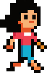 Pixelated Pedestrian: A pixel art illustration of a young woman, stylishly dressed in pink and blue, striding confidently with a determined expression. 