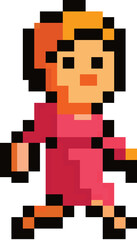 Pixelated Woman in Pink Dress: This 8-bit character sprite exudes a charming retro vibe, with a pink dress and confident stride. Perfect for video games, retro projects, and nostalgic designs. 