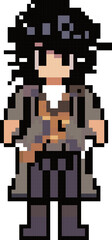 Fototapeta premium Spiky Black Haired Pixel Adventurer: 16-bit character sprite standing pose for indie RPG game development and streamer avatar use.
