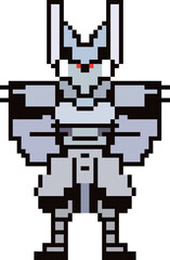 Pixelated Warrior: Steel Gaze - A stoic, rabbit-like warrior in pixel art, clad in armor, stares intently with piercing red eyes.