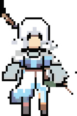 Fototapeta premium White-haired lancer character wearing blue robes and wielding a spear in 8-bit pixel art, designed as a playable hero sprite for retro fantasy JRPGs or indie adventure games
