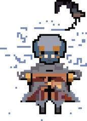 Obraz premium Pixel Summoner's Might: A cloaked mage, radiating pixelated magic, summons a spectral claw in this retro-inspired design. 