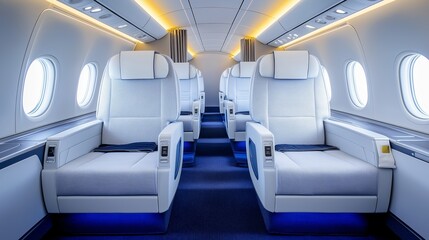 Empty interior of a private jet airplane cabin with modern white leather seats.