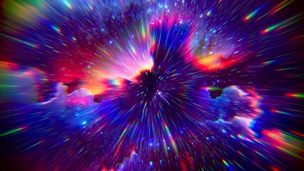 Fototapeta premium Flight to the stars at the speed of light. Portal for hyperspace jump. Colorful glowing cosmic background. Hyper Speed teleport. Time warp. Space traveling. Explosion in universe. Big bang. 3d render