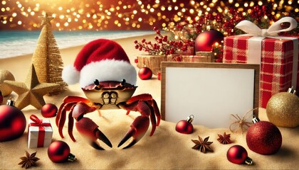 Crabby Christmas on the Coast: A festive crab sporting a Santa hat chills on a tropical beach amidst Christmas decor and a blank sign, perfect for your holiday message, Red and gold theme