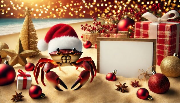 Crabby Christmas on the Coast: A festive crab sporting a Santa hat chills on a tropical beach amidst Christmas decor and a blank sign, perfect for your holiday message, Red and gold theme