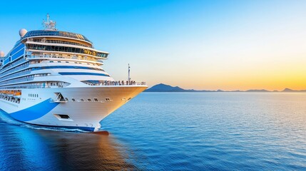 Naklejka premium Luxury cruise ship sailing on the sea at sunset. Travel and vacation concept.