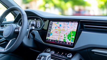 Car navigation system. GPS map on a car dashboard. Modern car interior.