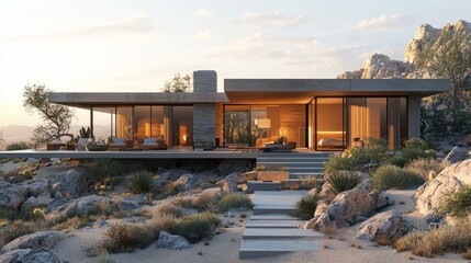 Modern house in a rocky desert landscape with large glass windows