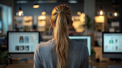 Woman working at a desk in a modern office with computers in the background