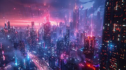 A bustling city at night, with skyscrapers illuminated by vibrant neon lights and busy streets below. Aerial high view. Generative AI.