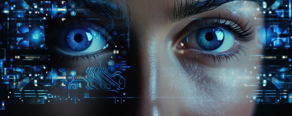 Security access close up woman eye viewing digital information, biometric scanning futuristic digital cyber technology