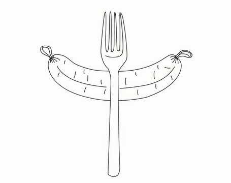 recommend clip art: A continuous line drawing of barbecue grill food, sausage on a fork. An outline modern of barbecue food. Editable strokes.