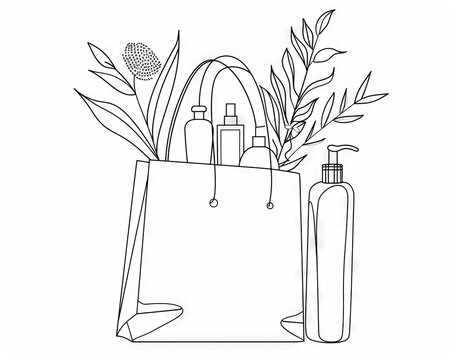recommend clip art: One line drawing of cosmetic product on paper bag. Beauty product line art modern illustration. Editable strokes.