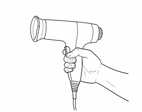 recommend clip art: Hand holding hair dryer outline modern illustration. Editable stroke color.