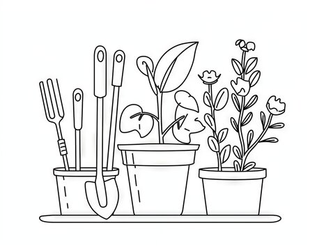 black and white garden tools and plants clip art preview
