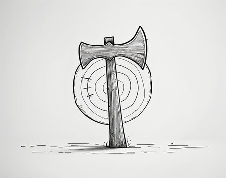 recommend clip art: One line drawing of the axe thrown into the target of wood. Throw axe in the target line art modern illustration. Editable stroke.