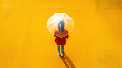 top view of person with transparent umbrella on yellow background, with copy space for text