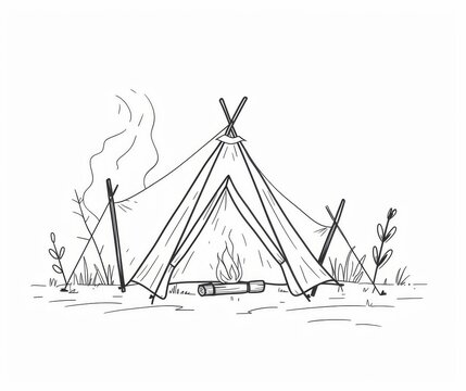 recommend clip art: A continuous one line drawing of a camping tent and bonfire. A camping tent outdoor and a bonfire. Editable strokes.