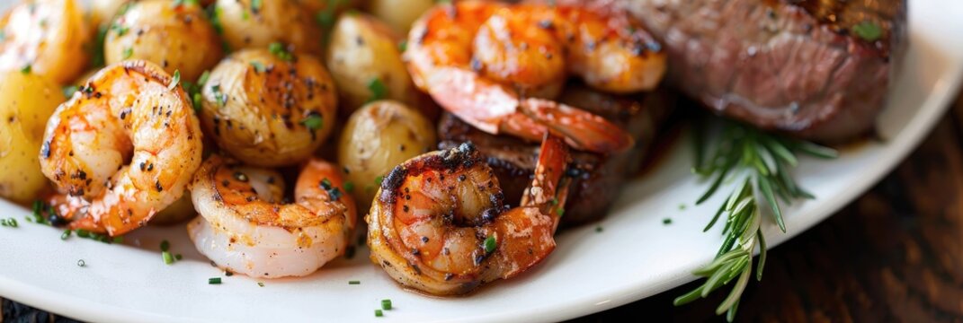 Delicious surf and turf meal highlighted by Cajun-spiced shrimp and steak accompanied by new potatoes at a sophisticated wedding event.
