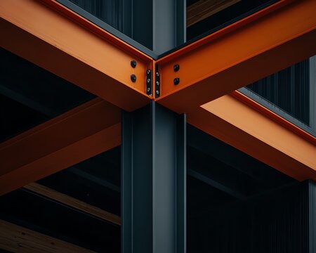 Closeup of a steel beam framework in a contemporary building