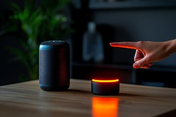 Closeup of a person using a voice command to dim the lights in a living room, with a smart speaker in the background responding, smart home, voicecontrolled lighting