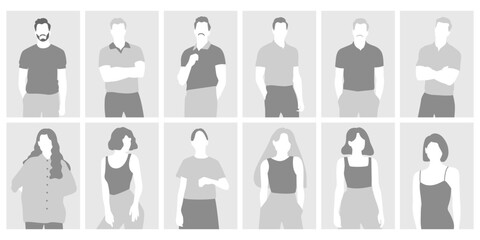 Faceless people characters gray silhouette male and female user profile avatar isolated set