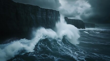 Dramatic Ocean Waves Crashing Against Cliffs - Realistic Photo