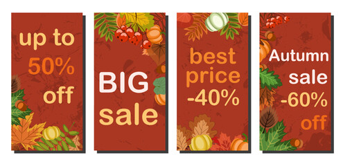 autumn sale, abstract background, collection of vector illustrations of several banners with falling autumn leaves and pumpkins on a red textured background