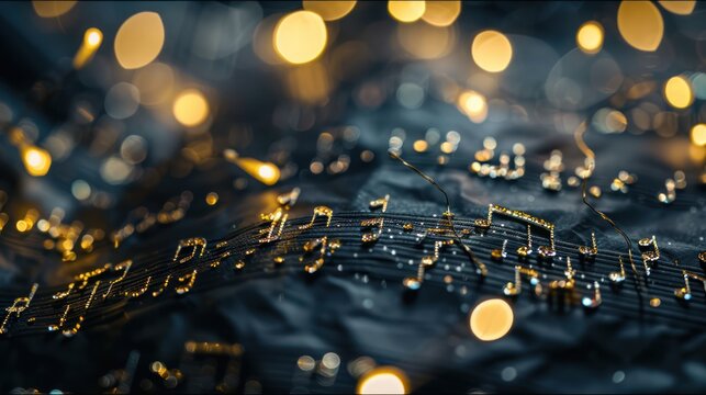 Golden Music Notes With Bokeh Lights