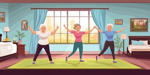 Three senior women practicing aerobics in a bright and cozy bedroom, enjoying a healthy lifestyle