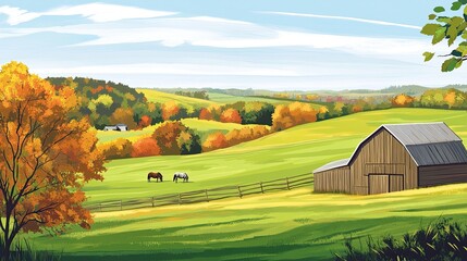 Obraz premium High-Resolution Scenic Countryside Illustration Featuring a Wooden Barn and Grazing Horses in a Lush Green Field with Rolling Hills and Autumn Trees