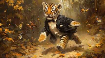 
A playful scout chases a butterfly in a cute tuxedo.