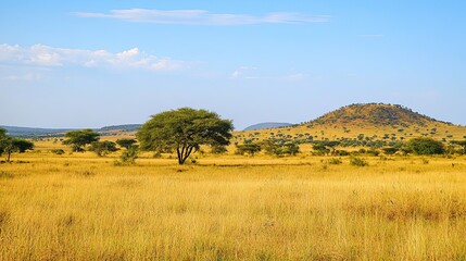 Obraz premium Serene African Landscape with Trees and Grasslands Capturing the Beauty of the Savanna