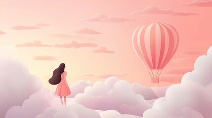 Fototapeta premium Cute Girl and Hot Air Balloon