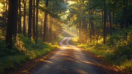 Fototapeta premium Peaceful forest path illuminated by warm sunlight